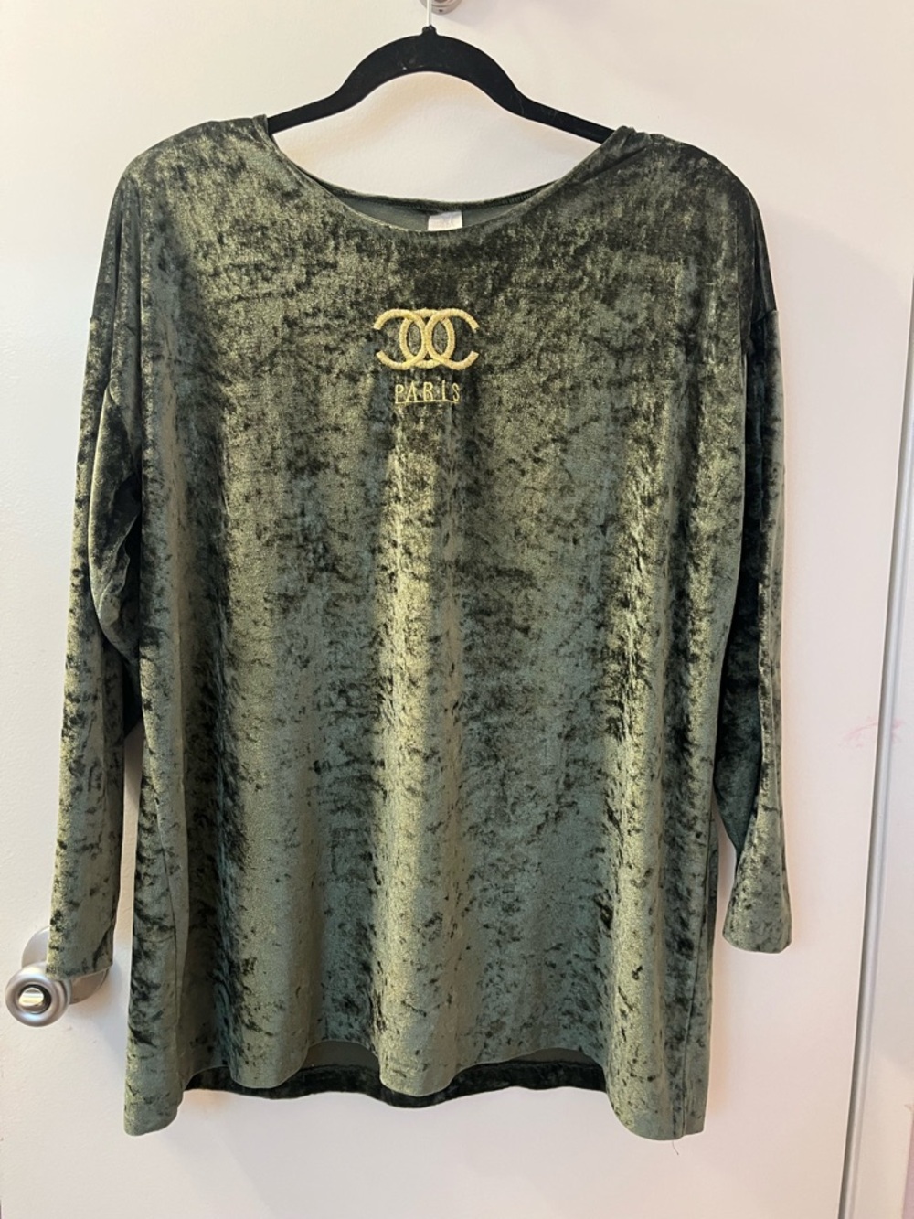 Velvet Long-Sleeve Tunic Top in Olive Green Chanel Paris with Shoulder Pad